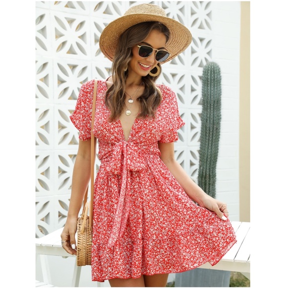 Deep V Tie Front Ditsy Floral Flared Mini Dress - Picture 5 of 7